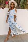 Robe longue tie-dye bleu ciel à épaules dénudées et fentes