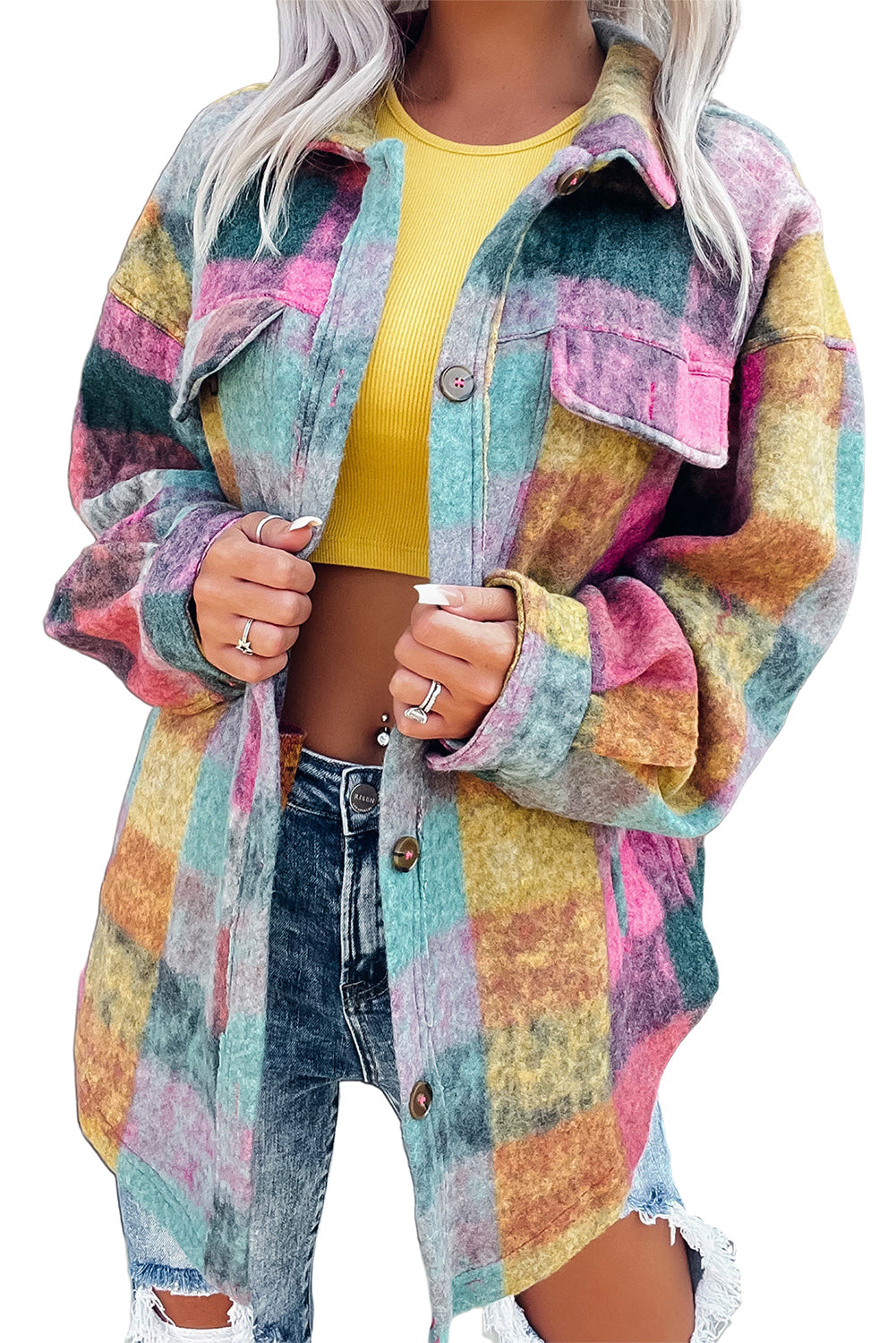 Veste longue surdimensionnée à poches et carreaux brossés multicolores