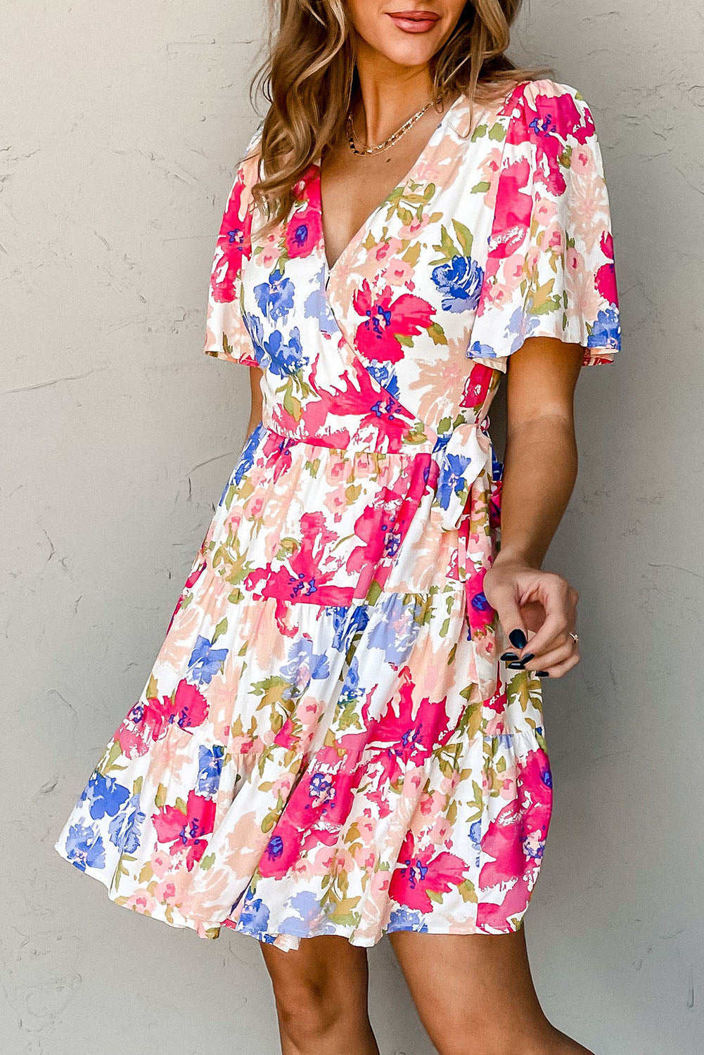 Sweet Floral Wrap V Neck Skater Dress