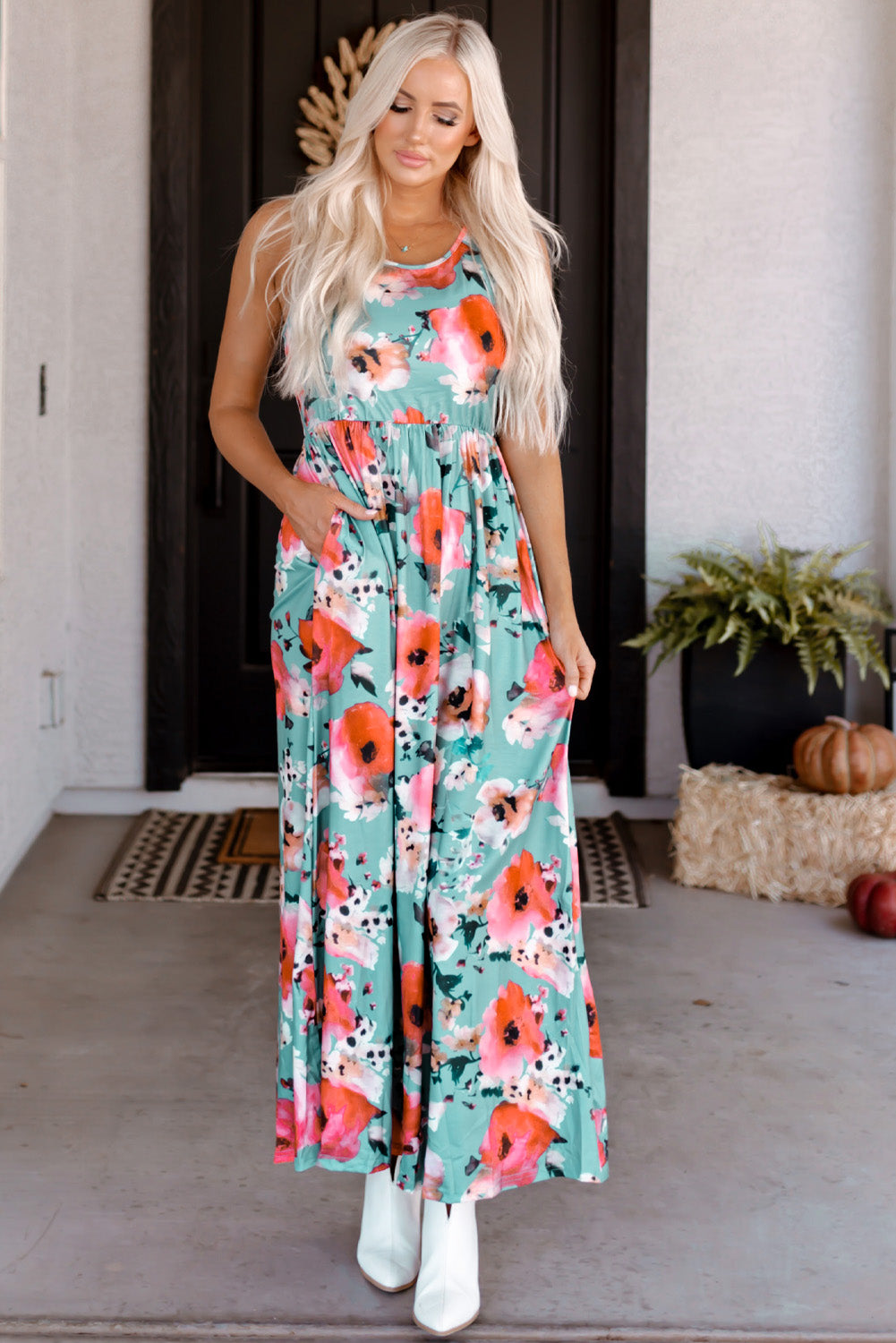 Boho Print Sleeveless High Waist Long Floral Dress