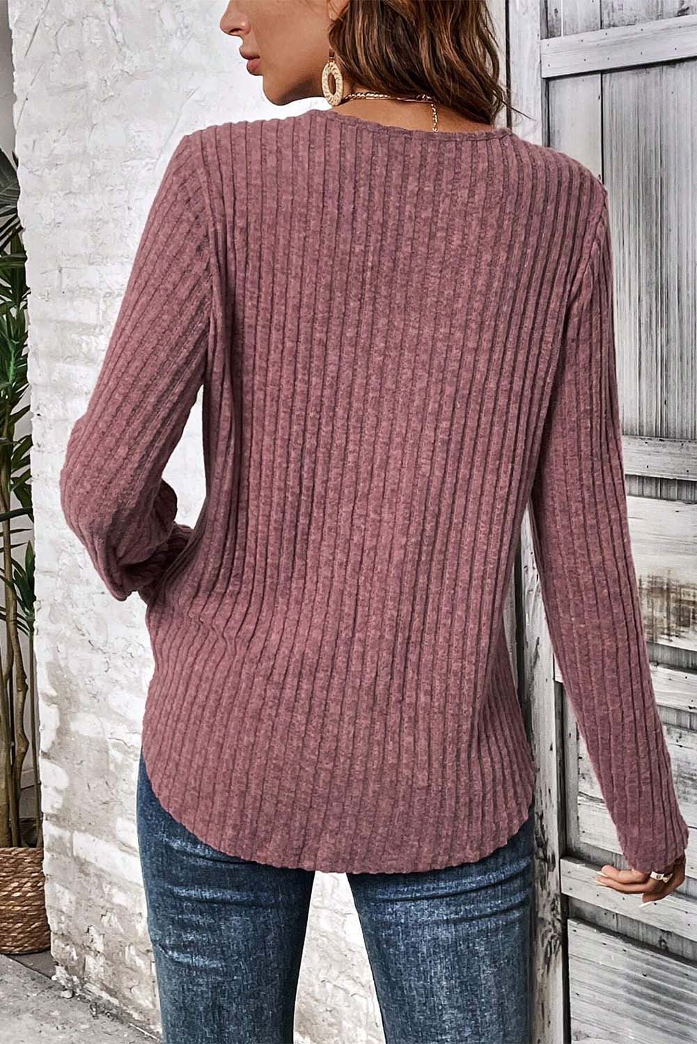 Ribbed Knit Lace Patch Shoulder Casual Sweater