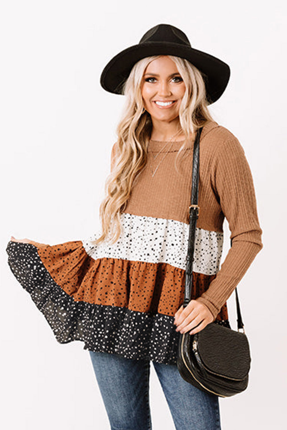 Ribbed Long Sleeve Dotted Tiered Ruffled Flowy Top