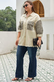 Plus Size Leopard Sleeve Raw Hem Denim Jacket