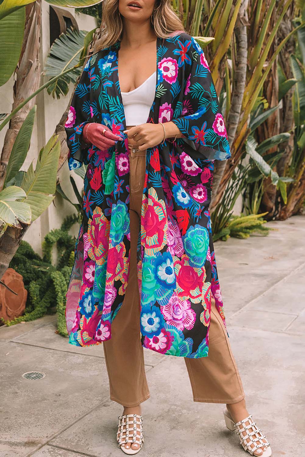 Kimono multicolore bohème imprimé floral à manches mi-longues ouvert sur le devant 