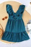 Ruffle Trim V Neck Smocking Back Mini Dress