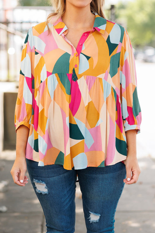 Plus Size Geometric Print Bracelet Sleeve Flowy Blouse