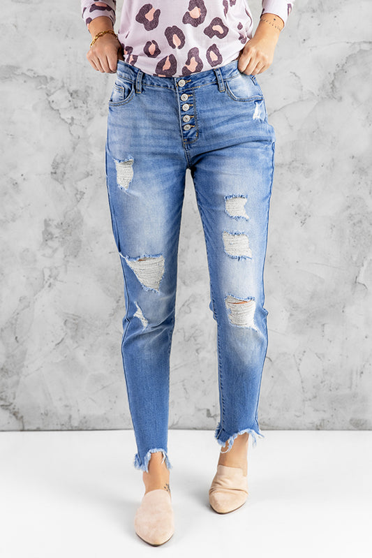 High Rise Button Front Frayed Ankle Skinny Jeans