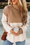 Parchment Cable Knit Color Block Side Splits High Neck Sweater