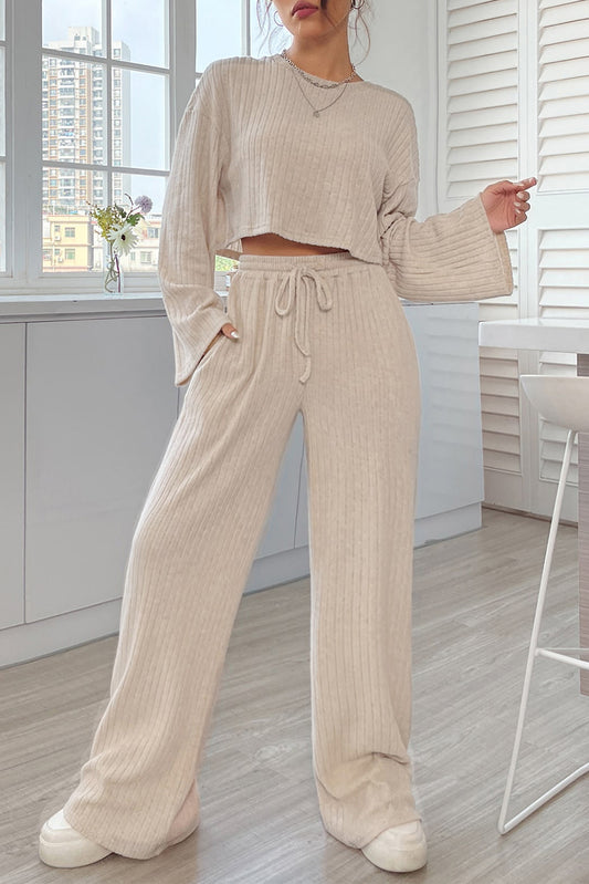 Khaki Ribbed Knit Bell Sleeve Crop Top Drawstring Pants Set