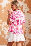 Split Neck Ruffled Puff Sleeves Floral Top