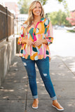 Plus Size Geometric Print Bracelet Sleeve Flowy Blouse