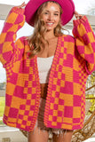 Open Front Mixed Checkered Pattern Knit Cardigan