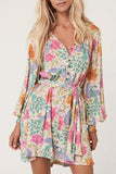 Multicolour Floral Print Bubble Sleeve Buttoned V Neck Mini Dress