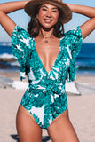 Sexy Deep V Neck Floral Print Ruffles One Piece Swimwear