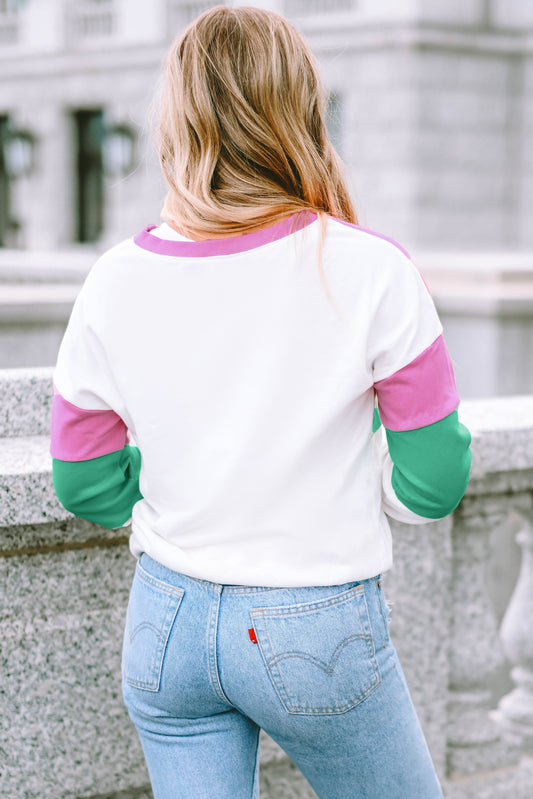 Sweat-shirt patchwork rose côtelé à col en V et blocs de couleurs