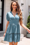 V Neck Bubble Sleeve Ruffle Flared Mini Dress