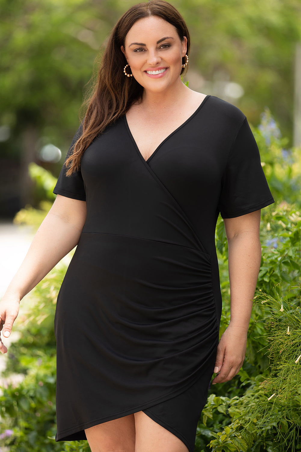 Wrap Ruched Short Sleeves Plus Size Mini Dress