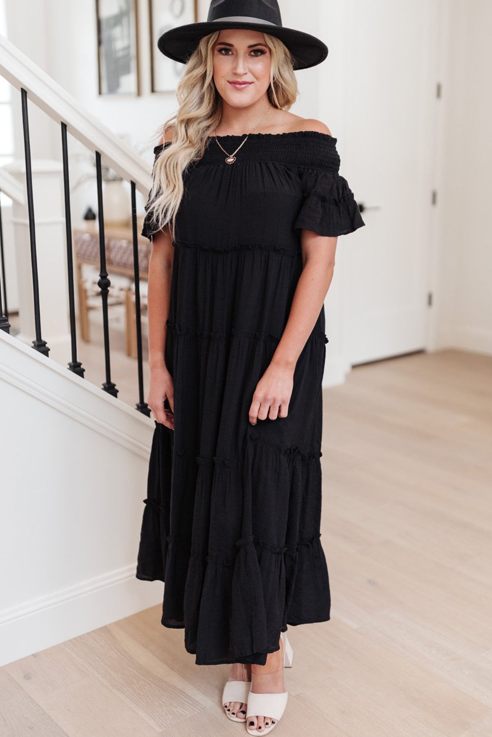 Plus Size Smocked Off Shoulder Frill Tiered Maxi Dress