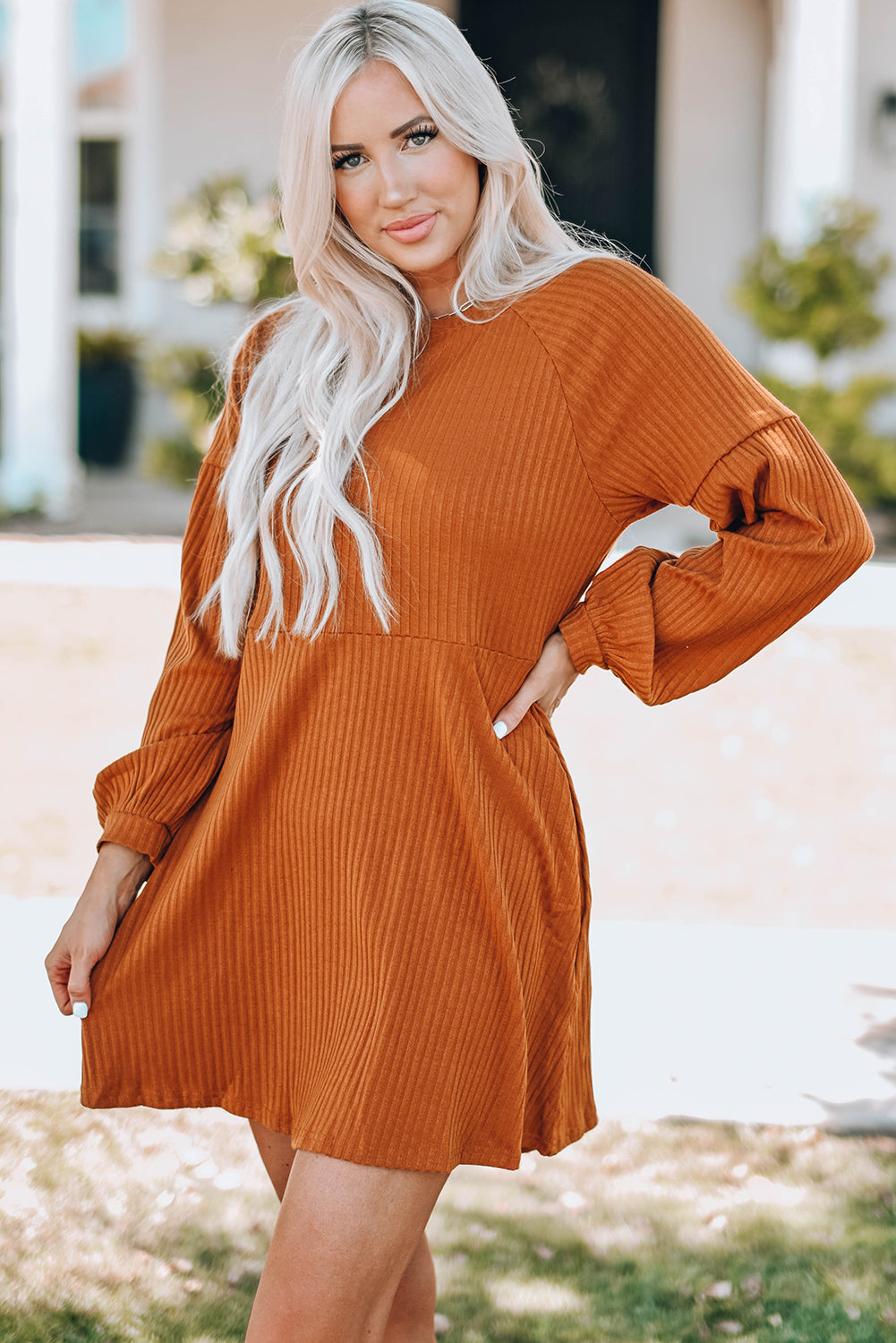 Round Neck Empire Waist Ribbed Knit Dress