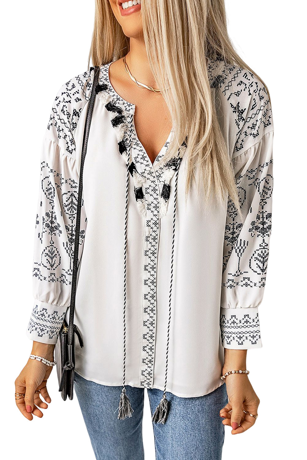 Boho Embroidered Split Neck Blouse