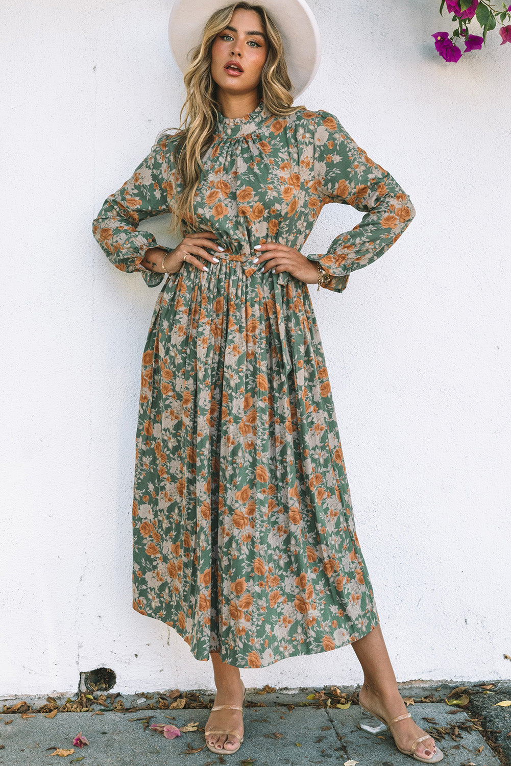 Pleated Long Sleeve Maxi Floral Dress with Tie