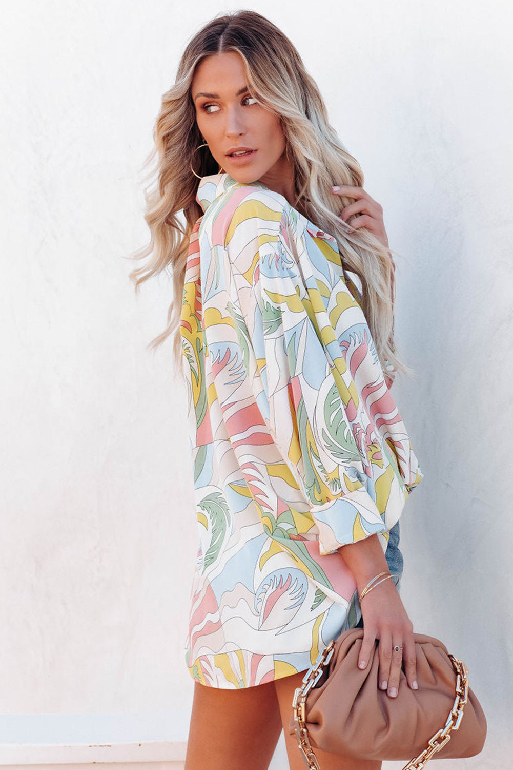 Abstract Printed Turn-Down Collar Loose Shirt