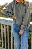 Black Washed Snap Buttons Lantern Sleeve Pullover Sweatshirt