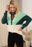 Green Geometric Color Block Knit Button V Neck Sweater