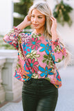 Multicolor Vibrant Floral Print Trimmed Ruffle Sleeve Blouse