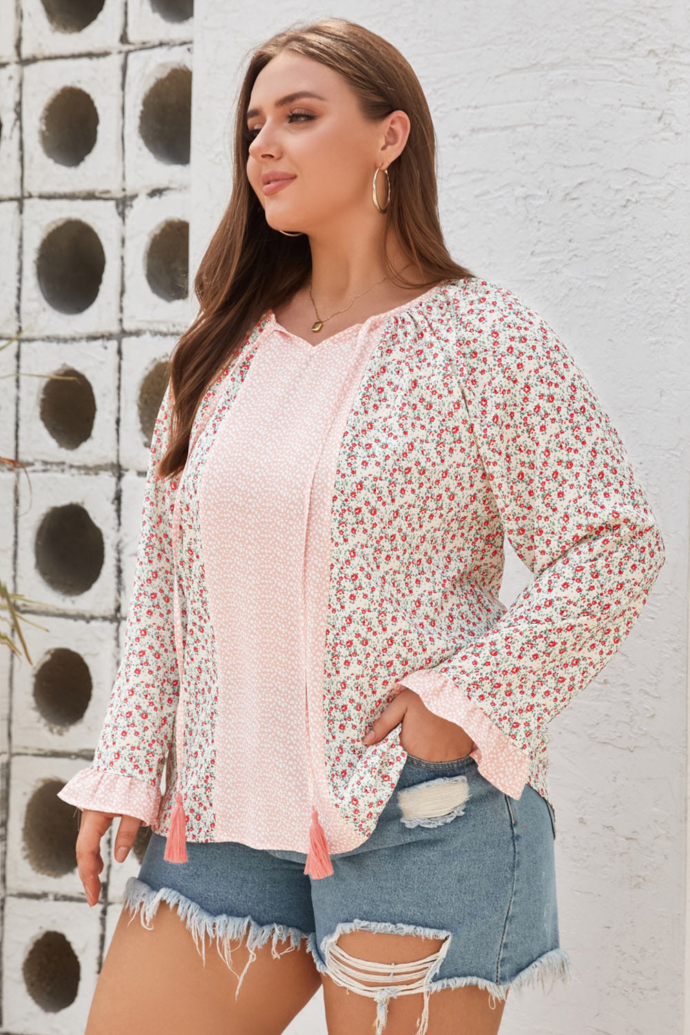 Dotty Floral Patchwork Plus Size Long Sleeve Blouse