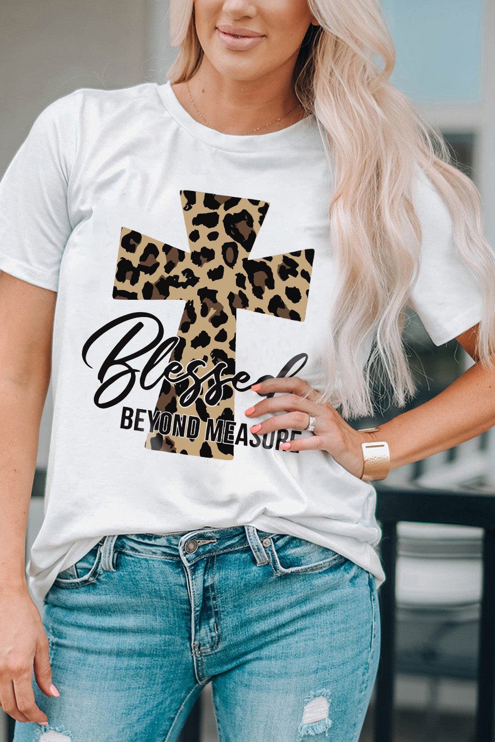 Blessed Leopard Cross Graphic T Shirt