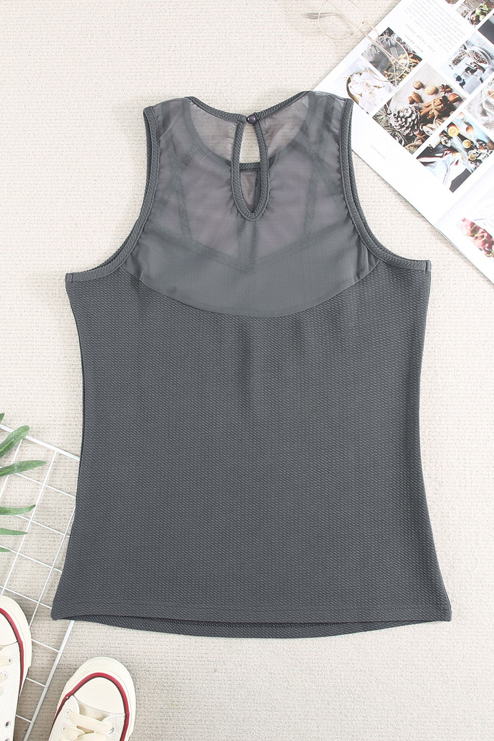 Strappy Mesh Splicing Ribbed Tank Top