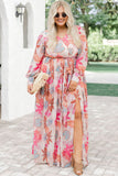 Tropical Plant Print Long Sleeve Wrap V-Neck Slit Maxi Dress