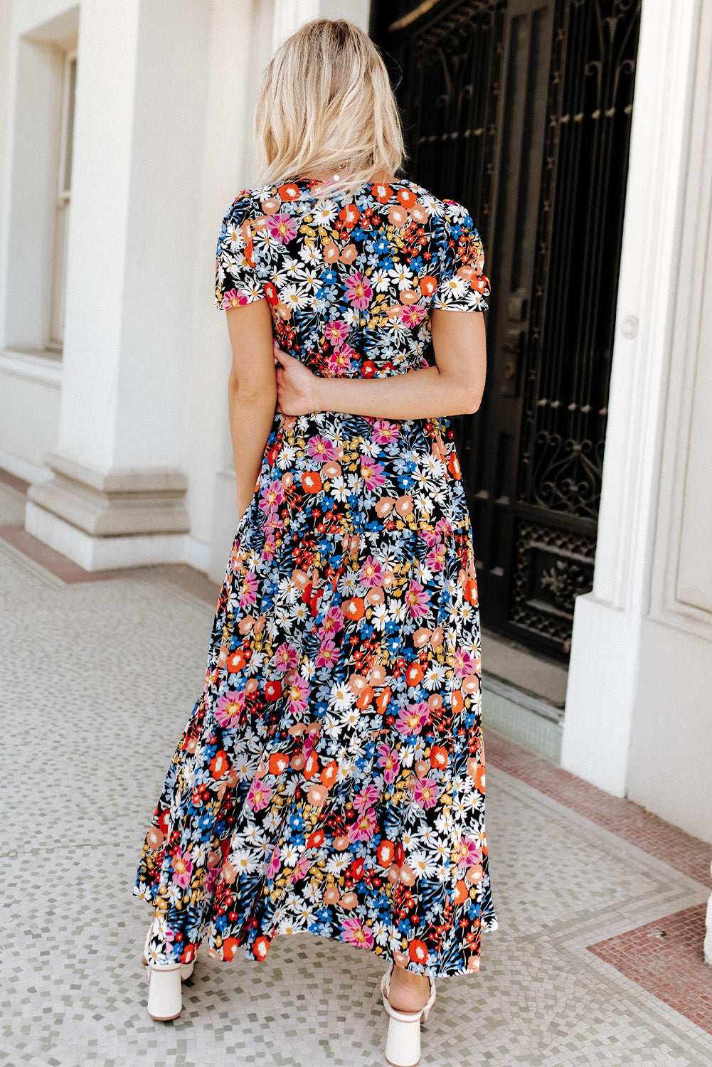 Short Sleeve Boho Floral Pattern Tiered Maxi Dress