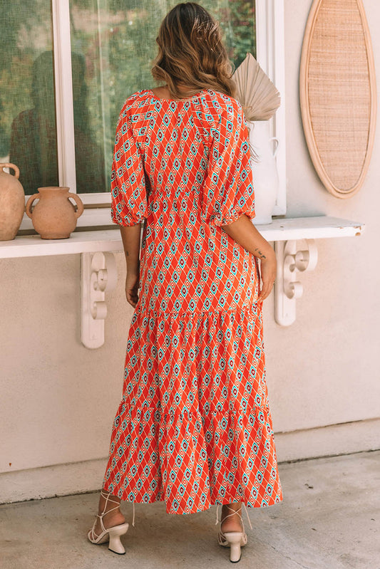 Ethnic Geometry Print Bubble Sleeve Maxi Dress