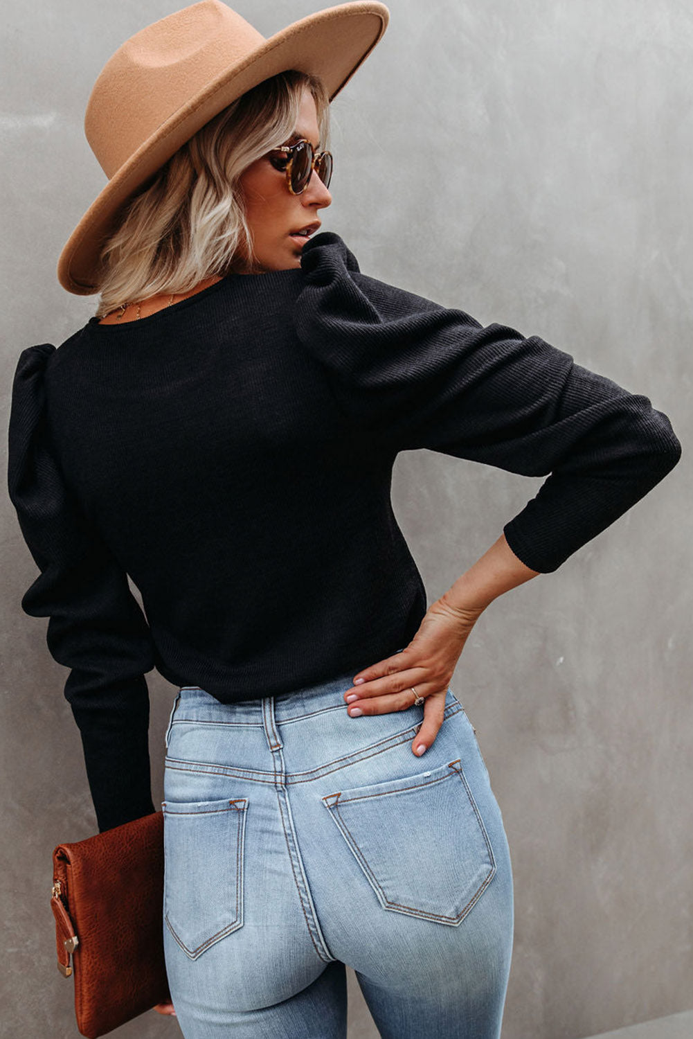 Solid Puff Sleeve Ribbed Knit Top