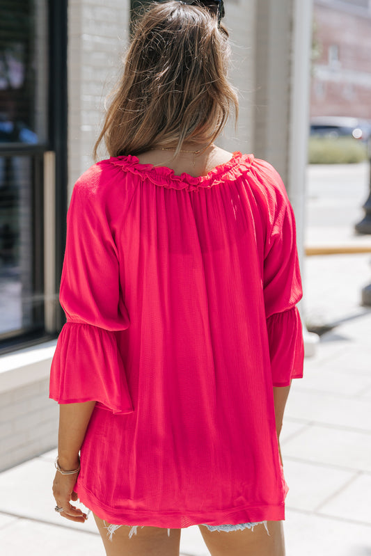 Frilled Split V Neck Ruffled Sleeve Shift Top