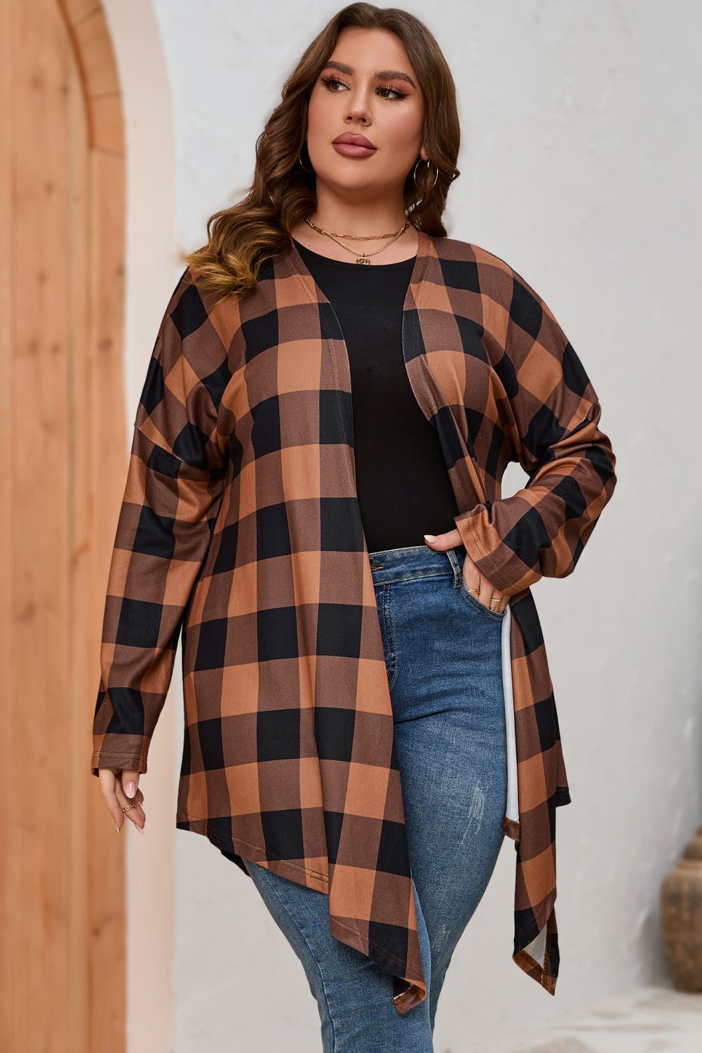 Plus Size Plaid Pattern Open Front Cardigan