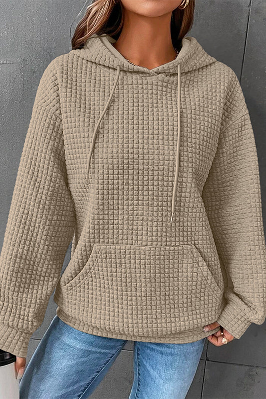 Khaki Quilted Kangaroo Pocket Drawstring Hoodie