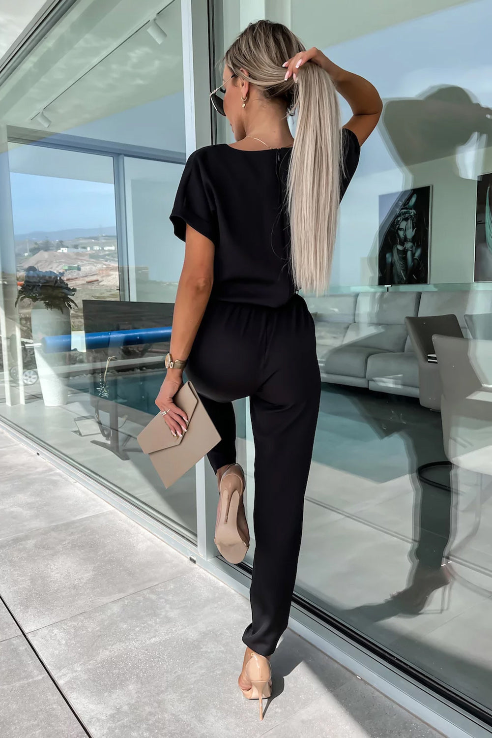 Metallic Neck Decor Belted High Waist Jumpsuit