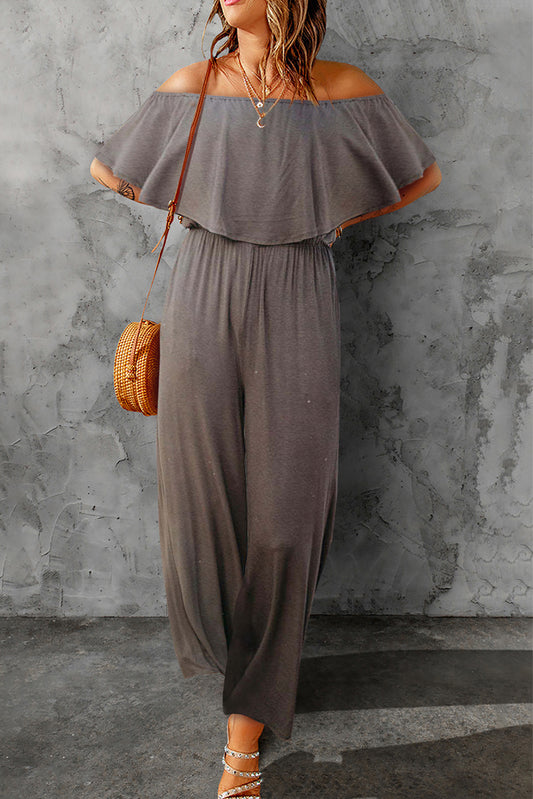 Solid Color Off Shoulder Wide Leg Jumpsuit