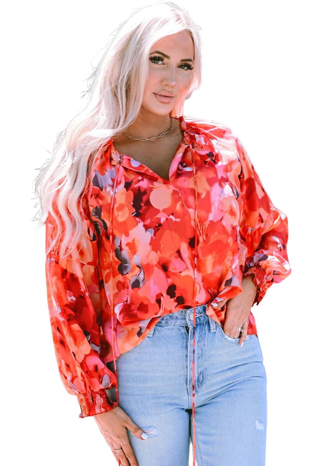 Floral Print Split Neck Tassel Tie Blouse