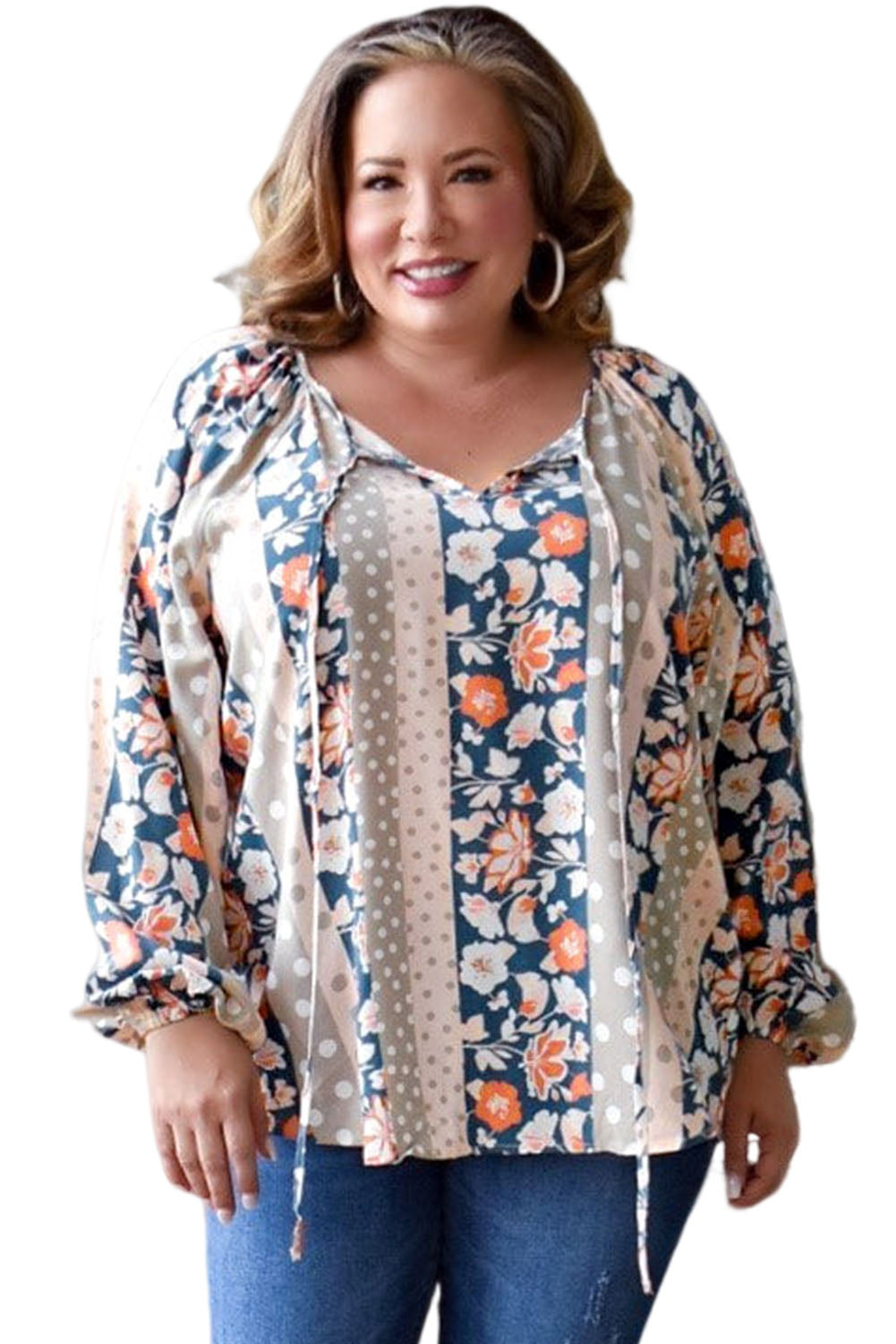 Plus Size Mixed Print Split Neck Blouse