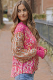 Pink Mixed Floral Printed Puff Sleeve V-Neck Shirt