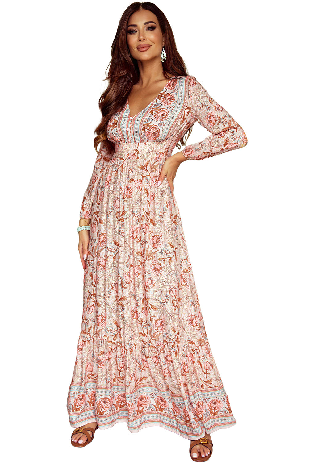 Bohemian Floral Sexy V Neck Ruffle Maxi Dress