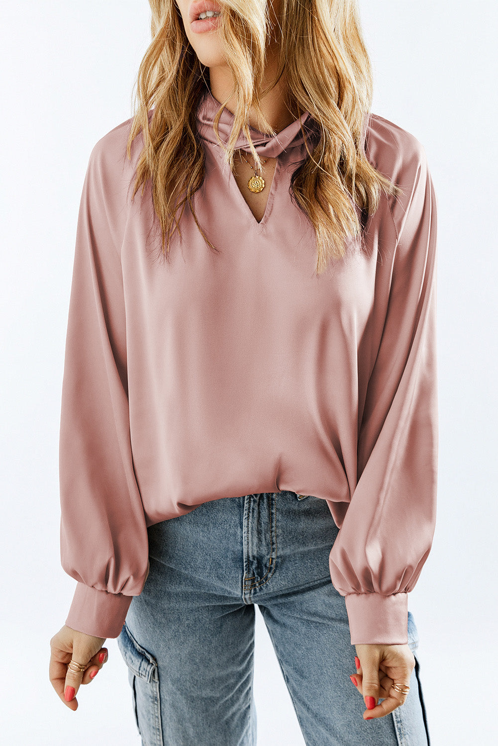 Twist High Neck Puff Sleeve Satin Blouse