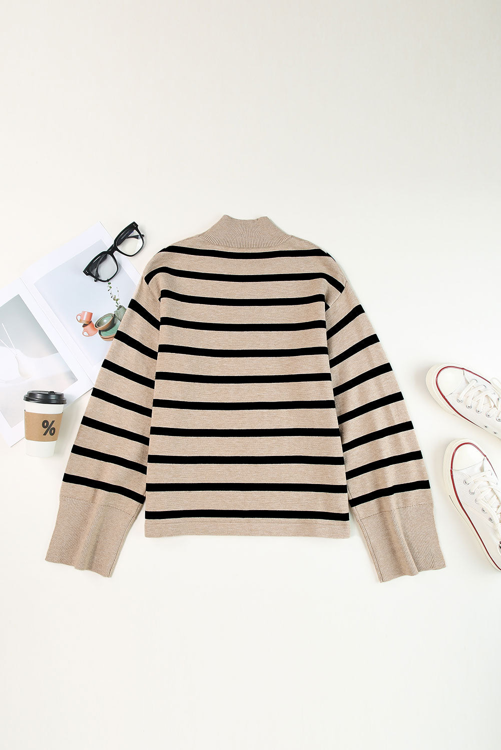 Striped Mock Neck Bell Sleeve Knit Sweater