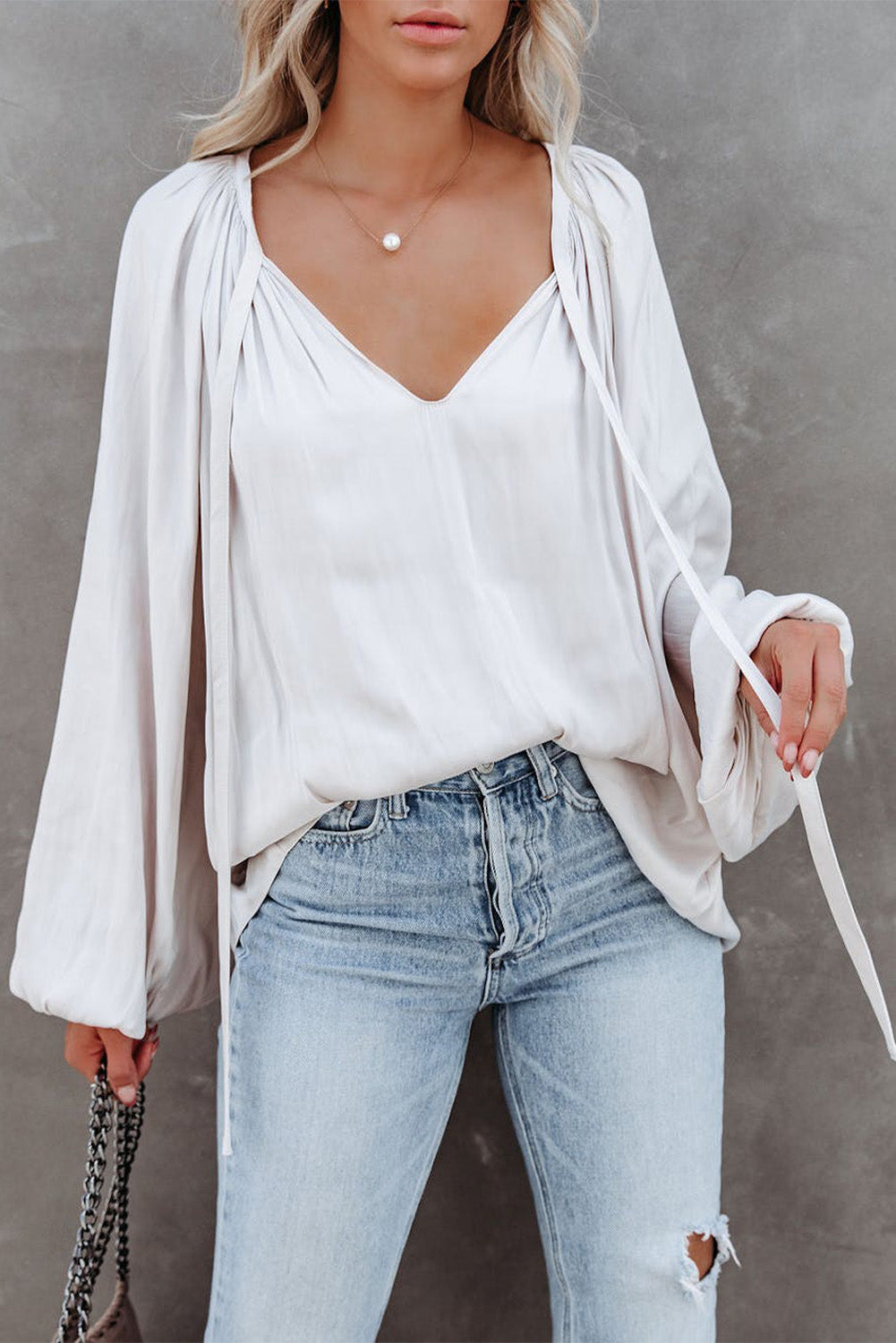 Tie V Neck Pleated Puff Sleeve Satin Blouse