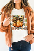 White PUMPKIN Season Leopard Bow Print Crew Neck T Shirt