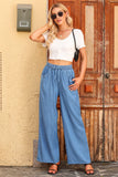 Blue Drawstring Waist Wide Leg Tencel Denim Pants